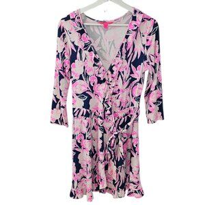 Lilly Pulitzer Jessalynne Romper, Wrap, V-Neck, Floral Flamingo, Stretch, Size M